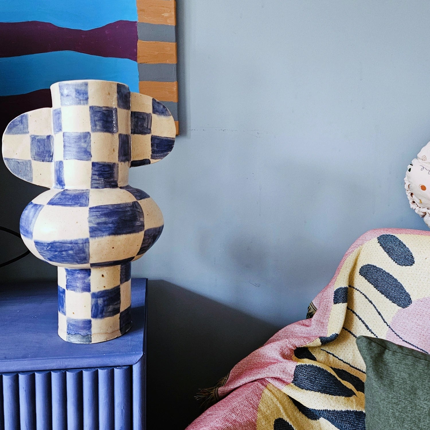 Checkered Blue Decorative Vase
